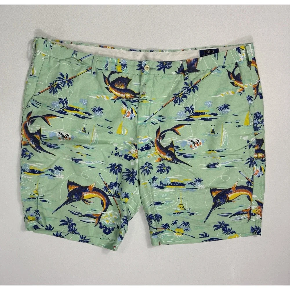 Polo Ralph Lauren Shorts Men 48 Linen Chino Classic Fit Marlin Fishing Island